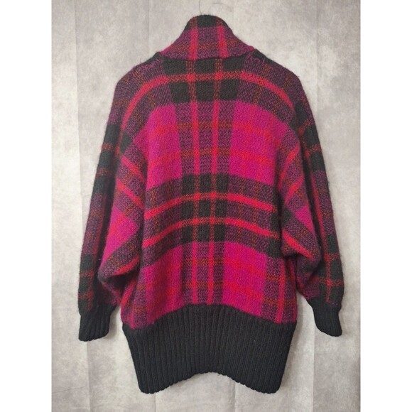 Vtg 80s I.B. Diffusion Mohair Wool Thick Furry Plaid Bright Cardigan Womens Sz L - Picture 2 of 15